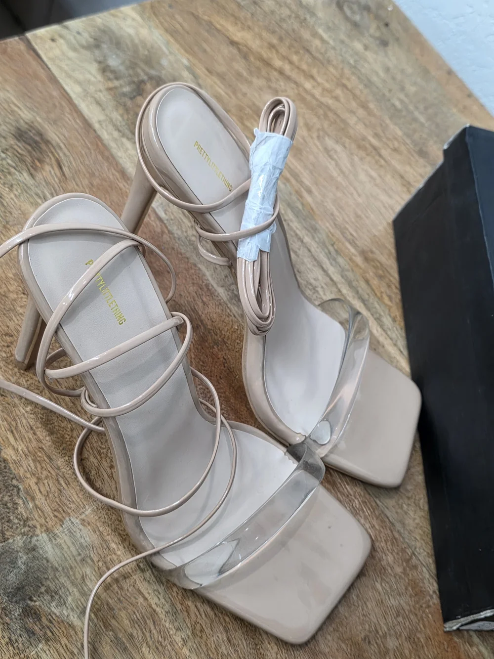 PrettyLittleThing PLT Nude clear strap lace up high heeled sandals